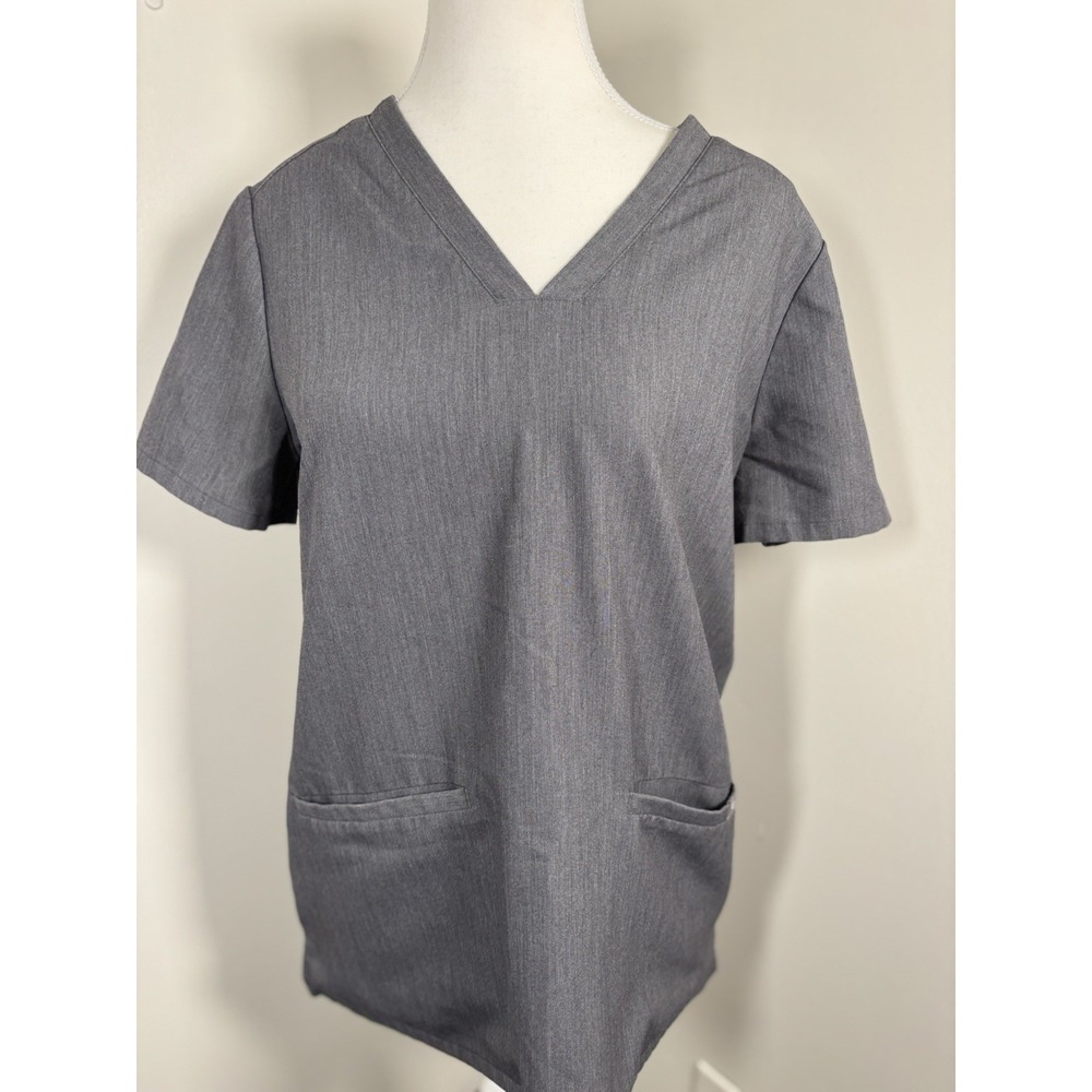 FIGS Casma Three Pocket Scrub Top Womens S Heather Gray Short Sleeve V Neck Logo